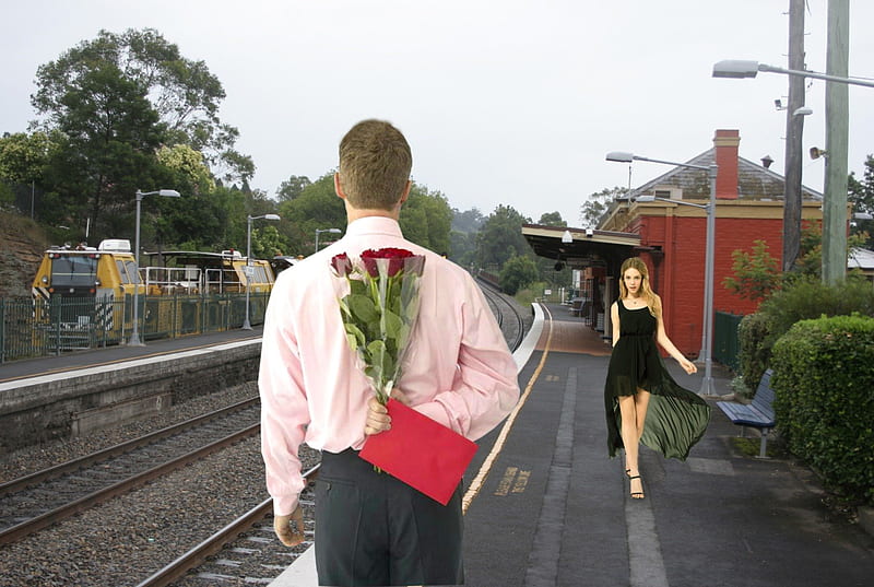 love confession, red roses, railway station, man holding flowers behind the back, man, woman in black dress, card, train, bouquet, envelope, love, black dress, dream, rails, letter, HD wallpaper