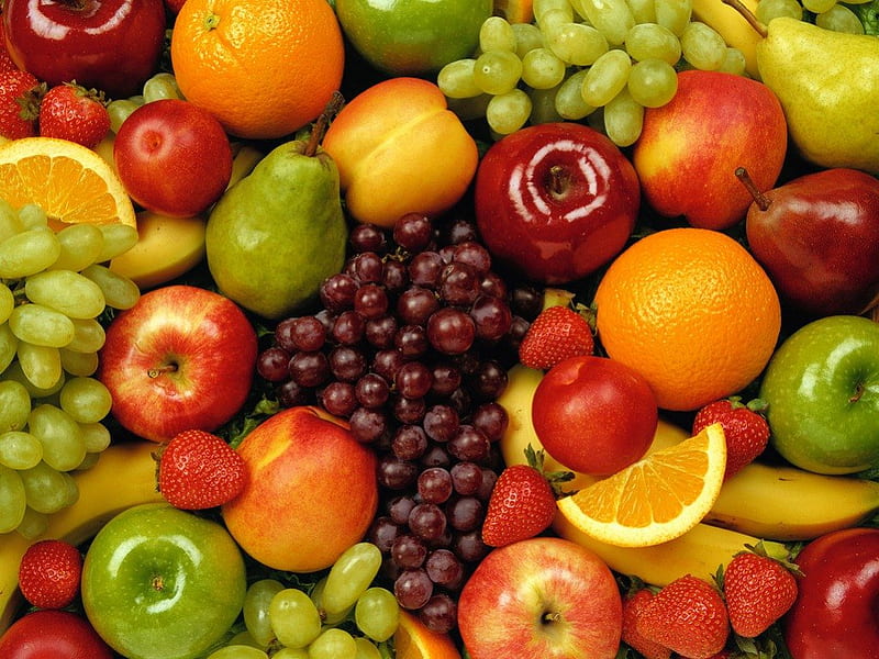 Fruits, apple, red, pear, strawberry, orange, apples, oranges, fruit, grapes, pears, green, banana, HD wallpaper
