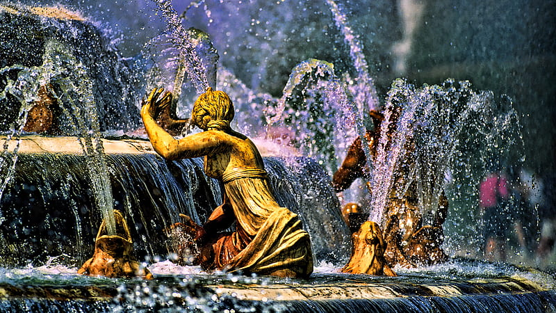 Fountain, architecture, golden, bonito, drops, statues, water, statue, france, HD wallpaper