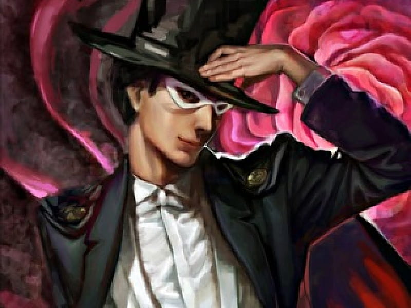 Tuxedo Mask, rose, manga, black, man, k-bose, hat, anime, sailor moon, flower, mamoru, white, pink, HD wallpaper