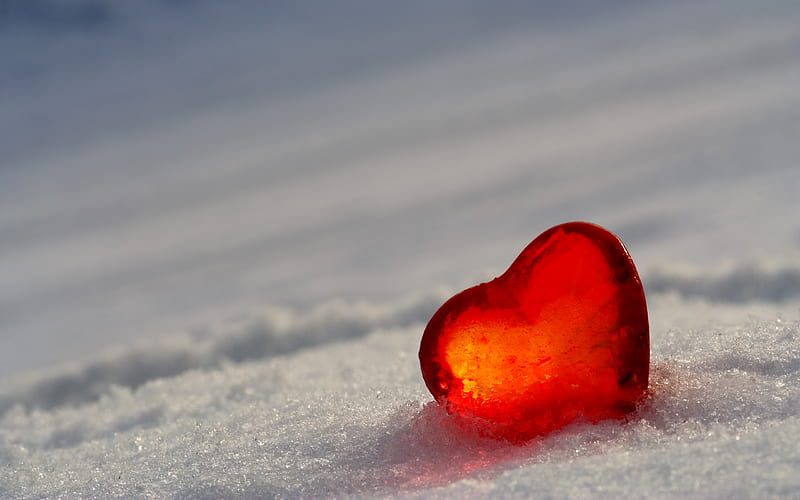Hearth, glass, heart, ice, red, snow, white, HD wallpaper