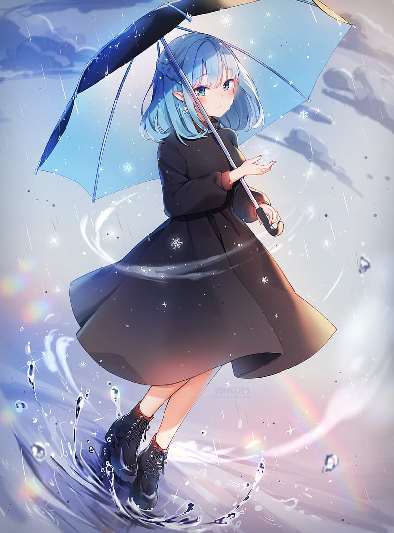 Anime girls, original characters, Yennineii, umbrella, blue hair, blue  eyes, HD phone wallpaper | Peakpx