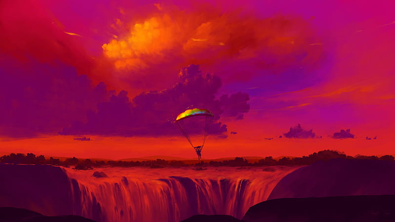 Artistic, Parachutist, Cloud, Landscape, Red, Sky, Waterfall, HD wallpaper