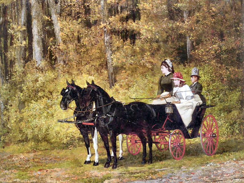 Carriage Ride in the Forest - Horses, art, equine, bonito, horse, illustration, artwork, carriage, animal, people, painting, wide screen, HD wallpaper