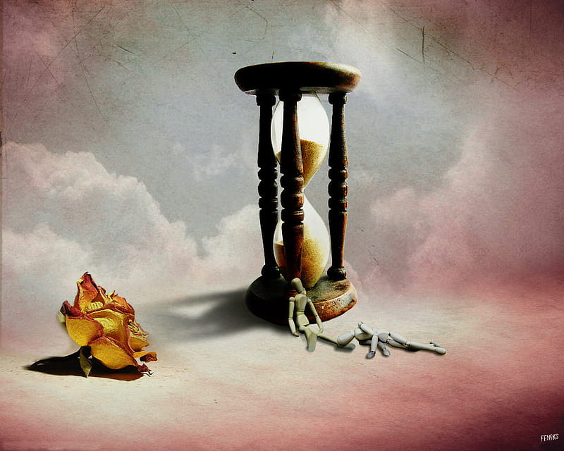 sands of time, sand, rose, hour glass, dead rose, puppets, HD wallpaper