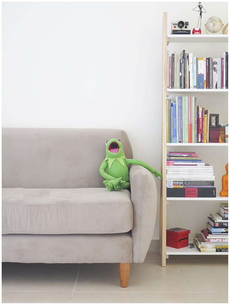 The Muppets Kermit plush toy on gray sofa, HD phone wallpaper