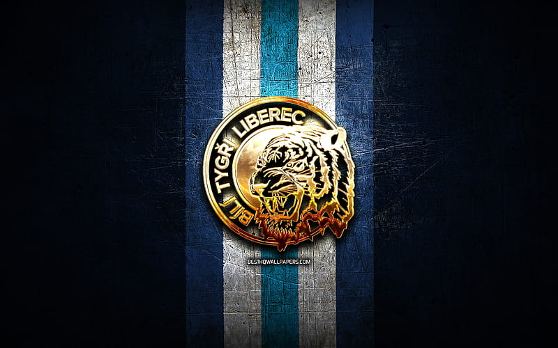 HC Bili Tygri Liberec, golden logo, Extraliga, blue metal background ...