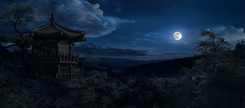 Moonlight pavilion, asian, pavilion, hi jeong so, gazebo, night, blue, luminos, moon, sky, fantasy, moon, HD wallpaper