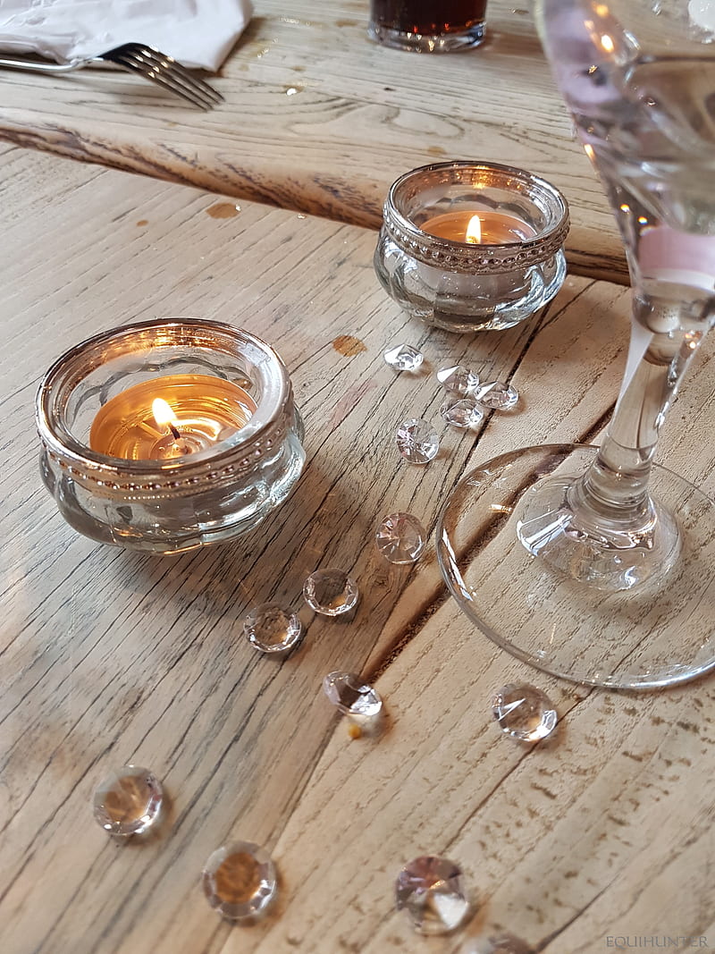 Old Wood and Crystal, alight, candle, christmas, cosy, eating, flame, glass, glow, shiny, table, tealights, warm, wineglass, worn, HD phone wallpaper