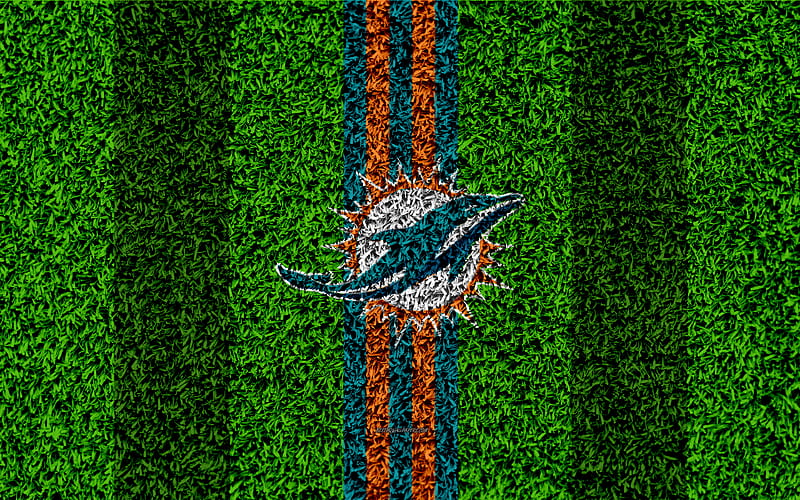Miami Dolphins, logo grass texture, emblem, football lawn, green orange lines, National Football League, NFL, Miami, Florida, USA, American football, HD wallpaper