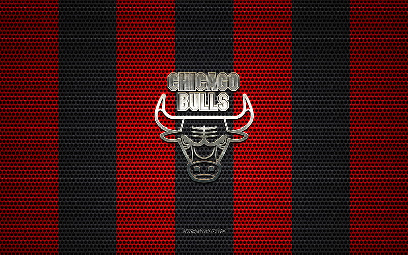 Chicago Bulls logo, American basketball club, metal emblem, red-black metal mesh background, Chicago Bulls, NBA, Chicago, Illinois, USA, basketball, HD wallpaper
