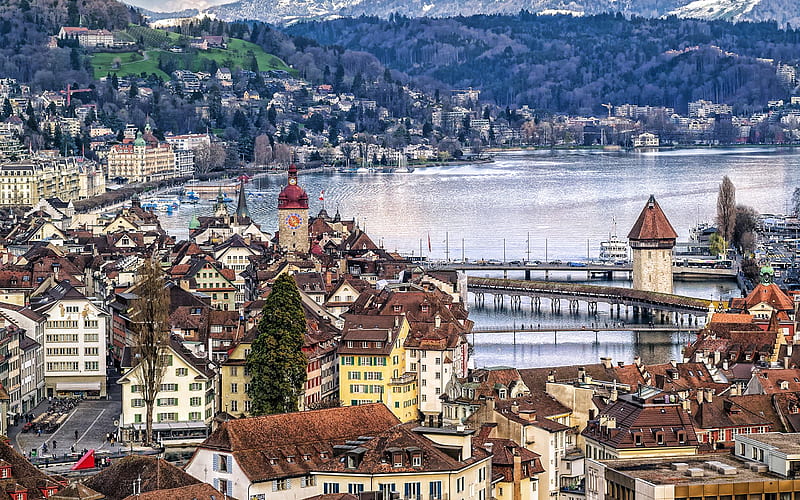 Luzern, Swiss city, Luzern Lake, morning, mountain landscape, Luzern cityscape, Switzerland, HD wallpaper