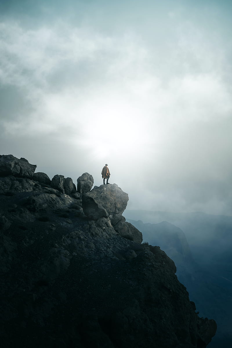 man, alone, peak, mountains, fog, HD phone wallpaper