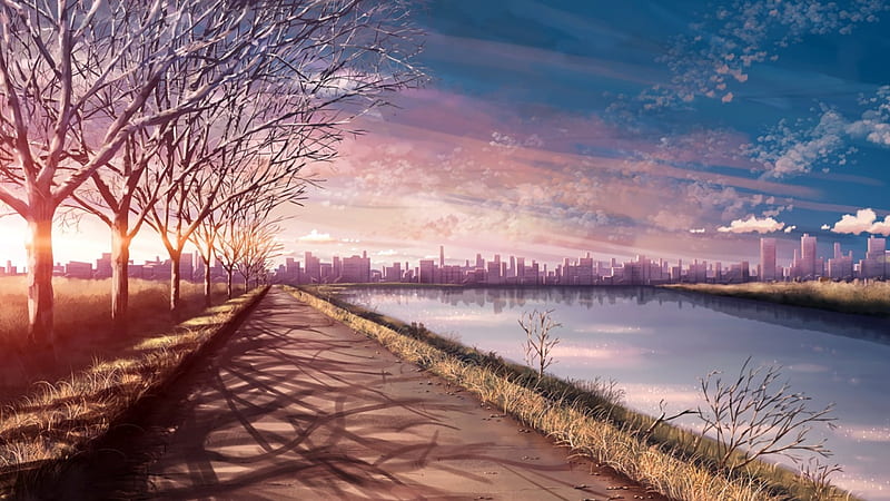 Lake and City, anime place, city, pathway, anime, lake, HD wallpaper