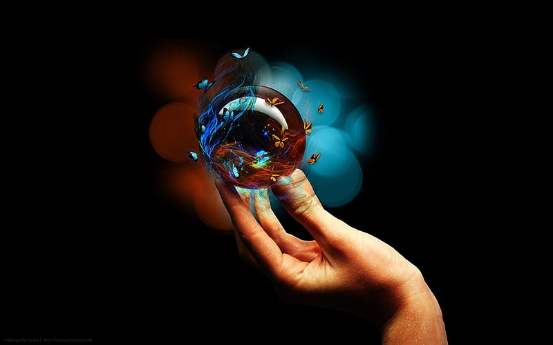 to give, globe, hand, crystal, butterflies, imagination, HD wallpaper
