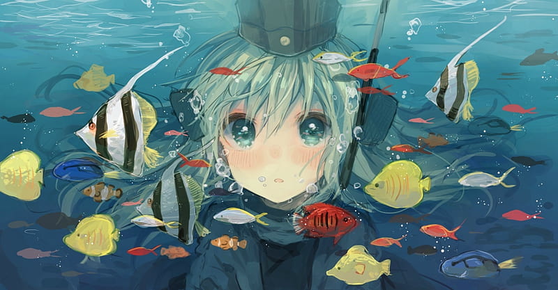 Aquarium, kantay collection, red, fish, manga, yellow, water, girl, anime, summer, tanuma, face, ro500, blue, HD wallpaper