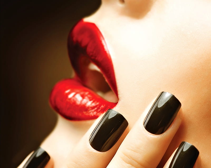 Red and black, red, mouth, manicure, black, nails, lips, woman, HD wallpaper