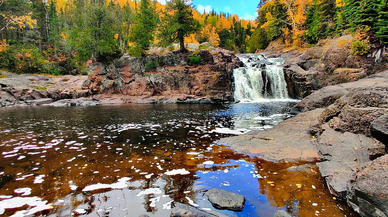 Judge Magney State Park, Minnesota, autumn, water, river, trees, colors, HD wallpaper