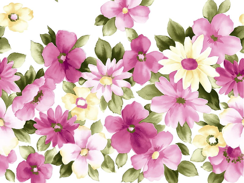 Flowers, pattern, art, green, texture, painting, flower, paper, white, pink, watercolor, HD wallpaper