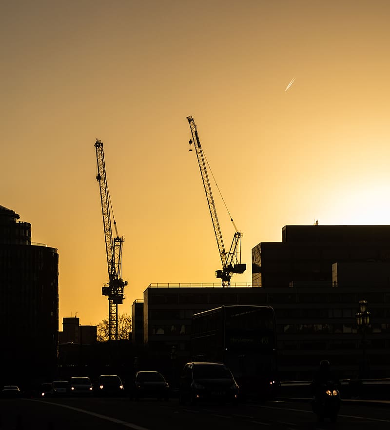 construction cranes, buildings, cars, silhouettes, evening, HD phone wallpaper