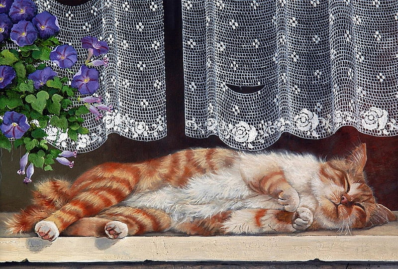 Sleeping cat, flower, painting, pictura, cat, pisic, art, sleep, zorele, vara, yana movchan, morning glory, summer, HD wallpaper