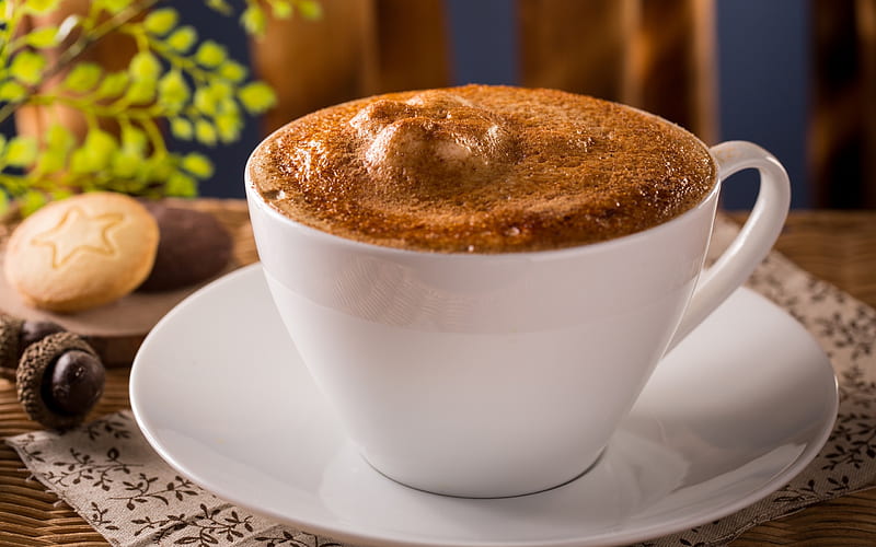Cappuccino, close-up, coffee foam, coffee, cup of coffee, HD wallpaper