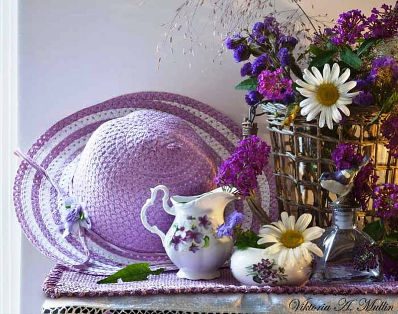 Still life, artist, art, different, grapher, vase, abstract, floral, hat, daisies, graphy, purple, flowers, blue, porcelain, HD wallpaper