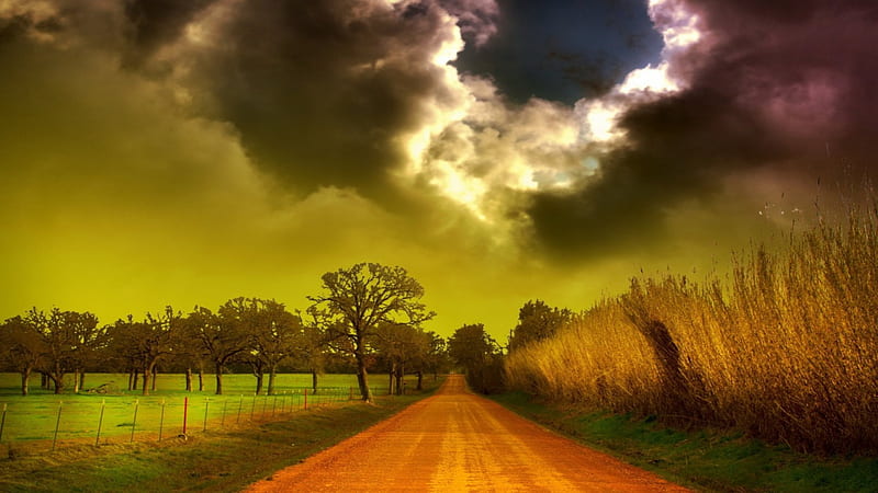 storm clouds over a country road, fence, fields, road, clouds, storm, HD wallpaper