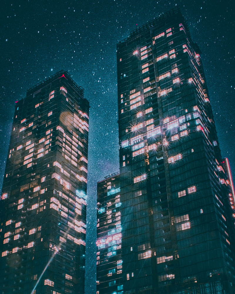 buildings, starry sky, night, shine, HD phone wallpaper