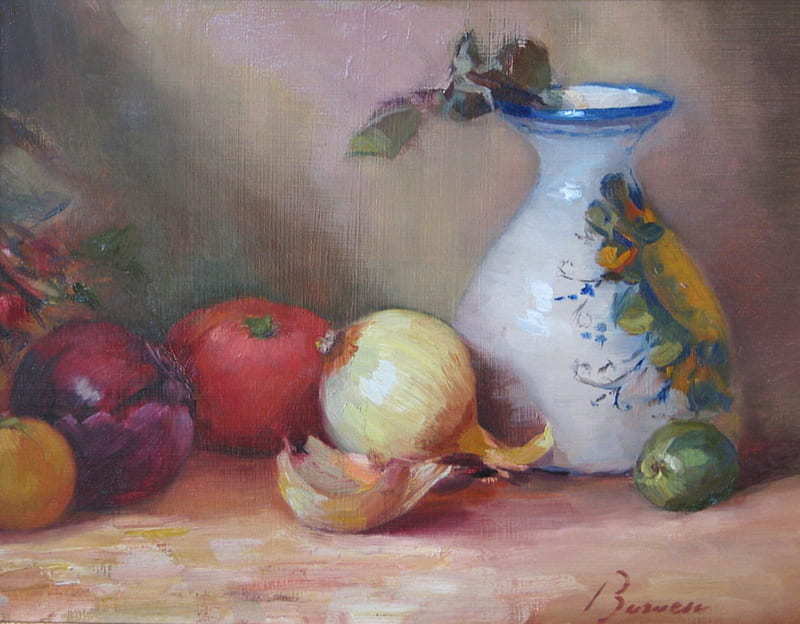 Garden Still, vase, painted, lime, tomatoes, leaves, red onions, garden, vegetables, white onions, red yellow, HD wallpaper