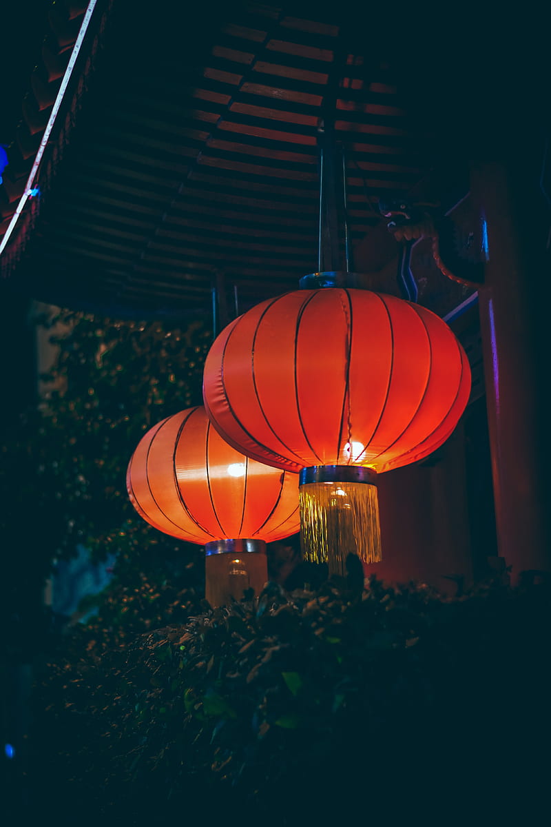 chinese lanterns, lamps, light, glow, red, HD phone wallpaper
