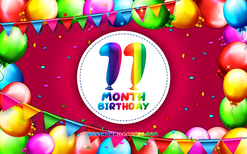 Happy 11th Month birtay colorful balloon frame, 11 month of my little girl, purple background, Happy 11 Month Birtay, creative, 11th Month Birtay, Birtay concept, 11 Month Daughter birtay, HD wallpaper