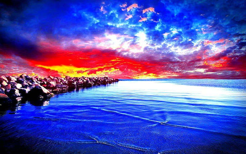 Sea_Scape Sunset, red, pretty, sun, yellow, bonito, sunset, clouds, sea-scape, sea, beach, graphy, calm, stones, seaside, beauty, scenery, blue, lovely, view, clear, ocean, sunlight, sky, seashore, rays, peaceful, nature, white, scene, coast, HD wallpaper