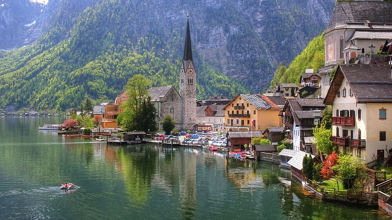 Charming Austria, city, boat, mountains, home, austria, church, lake, HD wallpaper
