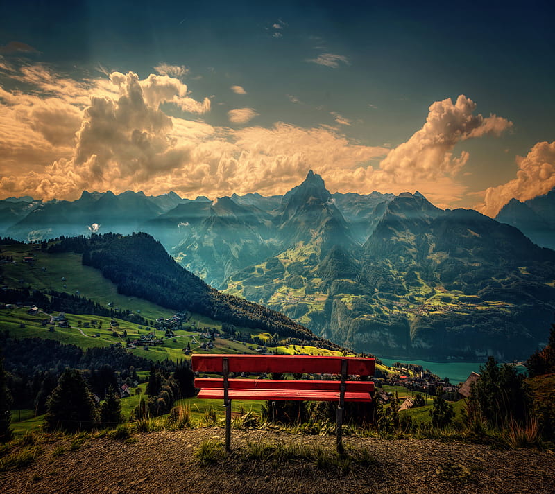 mountain view, bench, HD wallpaper