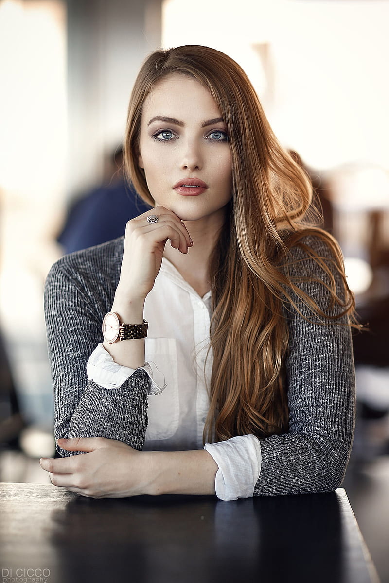 women, blue eyes, lipstick, long hair, brunette, blouse, shirt, grey clothing, white clothing, office, watch, clocks, casual, Alessandro Di Cicco, table, rings, touching face, April Slough, April Alleys, open sweater, glamour, classy, HD phone wallpaper