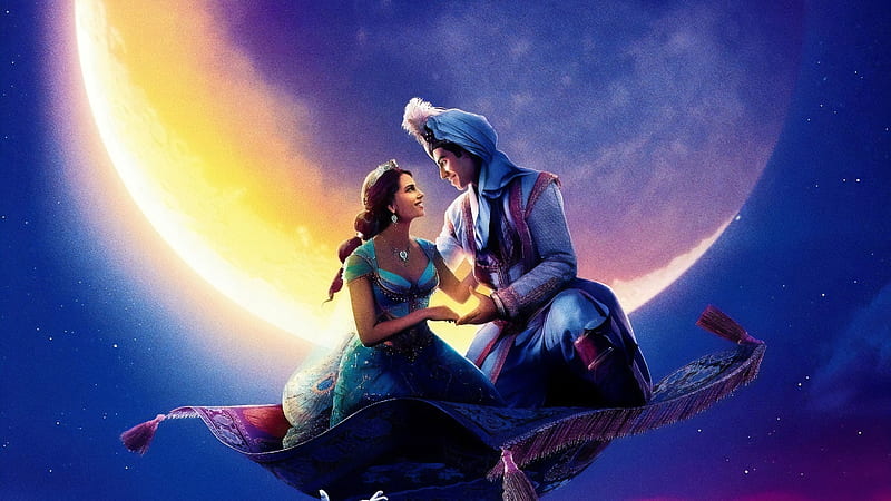 Aladdin 2019, couple, disney, poster, movie, moon, man, jasmine, fantasy, aladdin, moon, girl, princess, blue, HD wallpaper