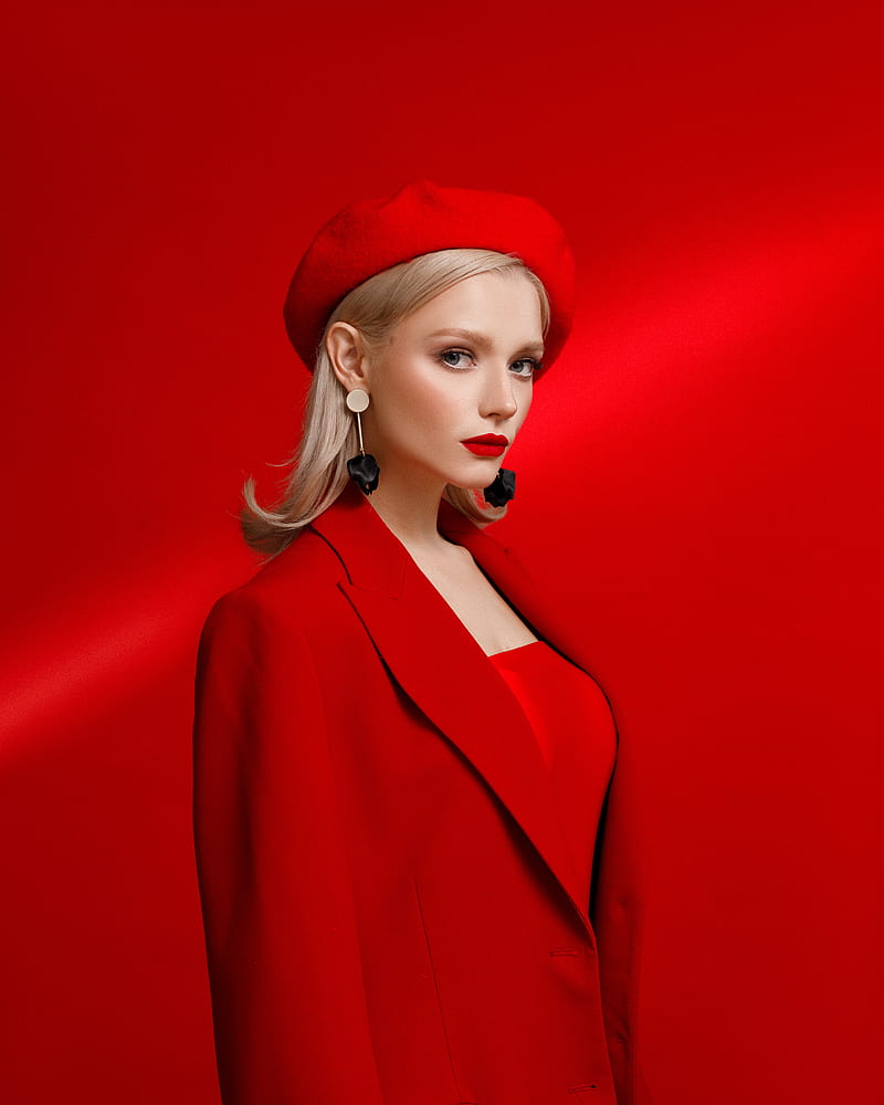 Alexander Sasin, women, hat, blonde, long hair, straight hair, makeup, looking at viewer, red clothing, red background, bright, red, fashion, red lipstick, studio, berets, HD phone wallpaper