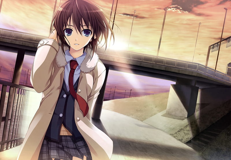 Yumi Makishima, Coat, Anime, Smille, Sunset, School Uniform, Yumi, Koi de wa Naku, River, Ray of Light, Brunette, Seifuku, Clouds, Bridge, Big Eyes, Riverbank, Makishima, Anime Girl, HD wallpaper