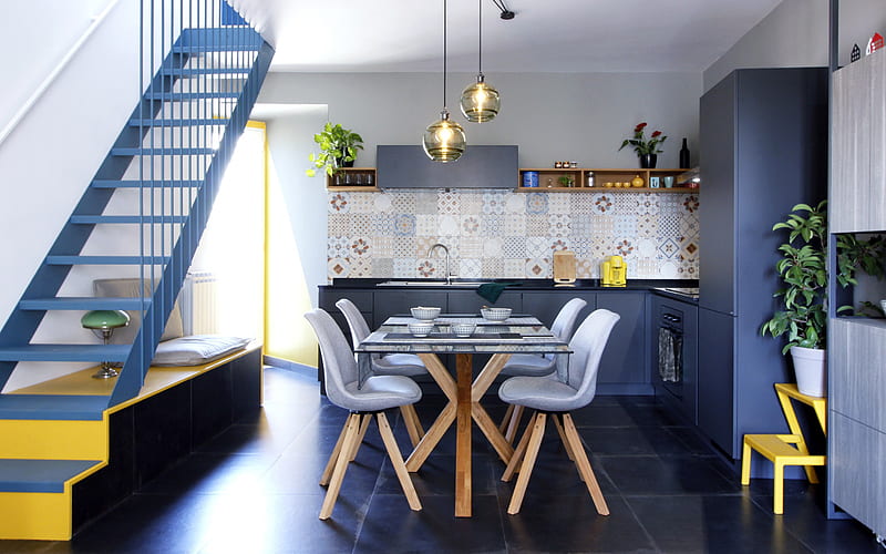 stylish kitchen design, blue modern kitchen, blue color in the kitchen, modern interior design, kitchen, ideas for the kitchen, HD wallpaper