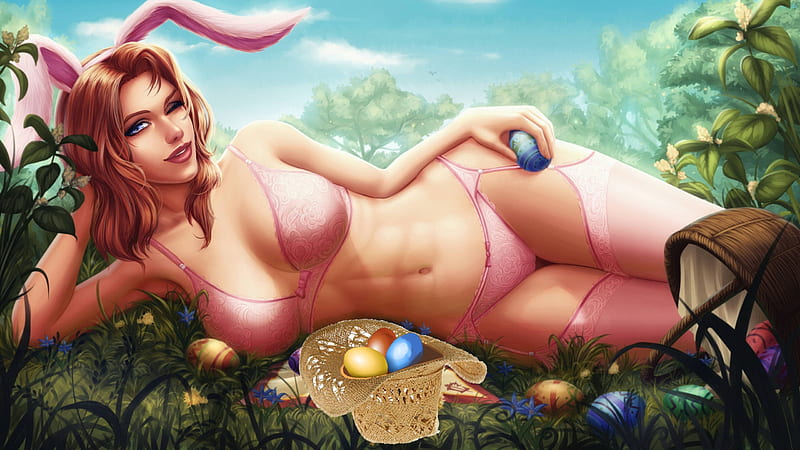 Easter Bunny Fantasy . ., Easter, hats, costume, lingerie, eggs, bunny, digital art, women, basket, HD wallpaper