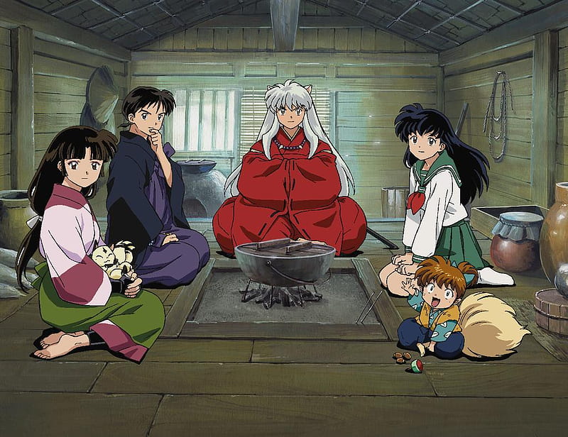 Inuyasha Team, female, miroku, shippo, cute, group, girl, anime, sango, inuyasha, anime girl, kagome, HD wallpaper