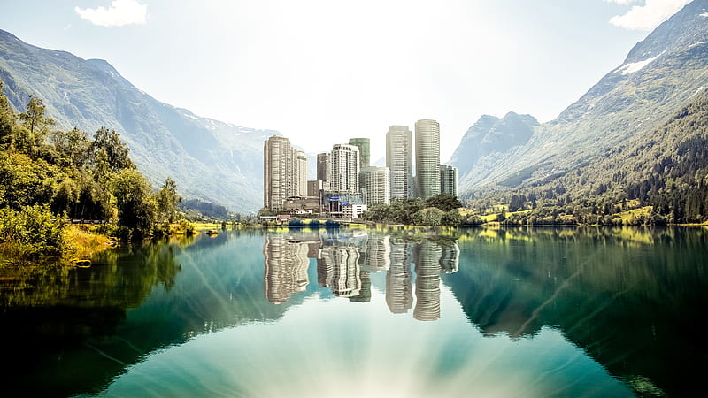 nature in the city, urban, reflection, lake, mountains, Nature, HD wallpaper