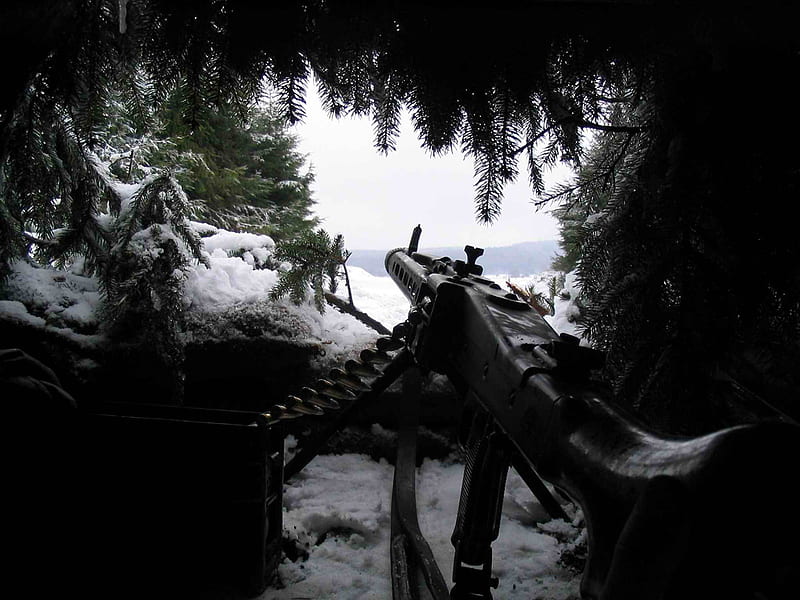 Winter's Silence, snow, bullets hidden, machine gun, ammunition box, winter, HD wallpaper