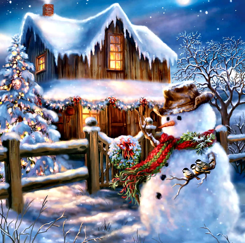 A Country Christmas F2Cmp, Christmas, art, holiday, December, songbirds, bonito, snowman, illustration, artwork, winter, chickadees, snow, painting, wide screen, occasion, scenery, HD wallpaper