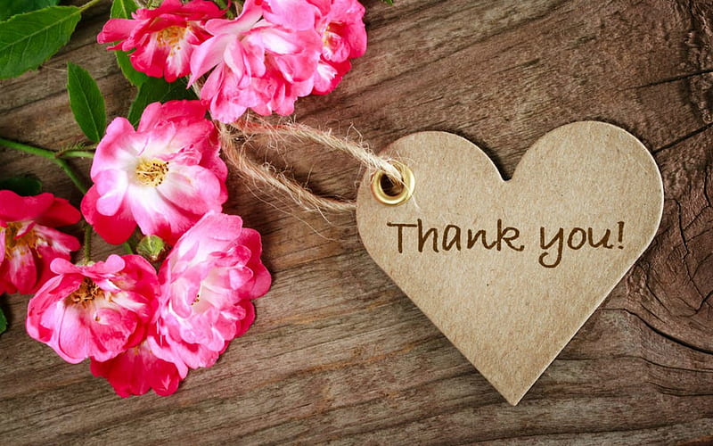 Thank You, flowers, wood, heart, card, HD wallpaper