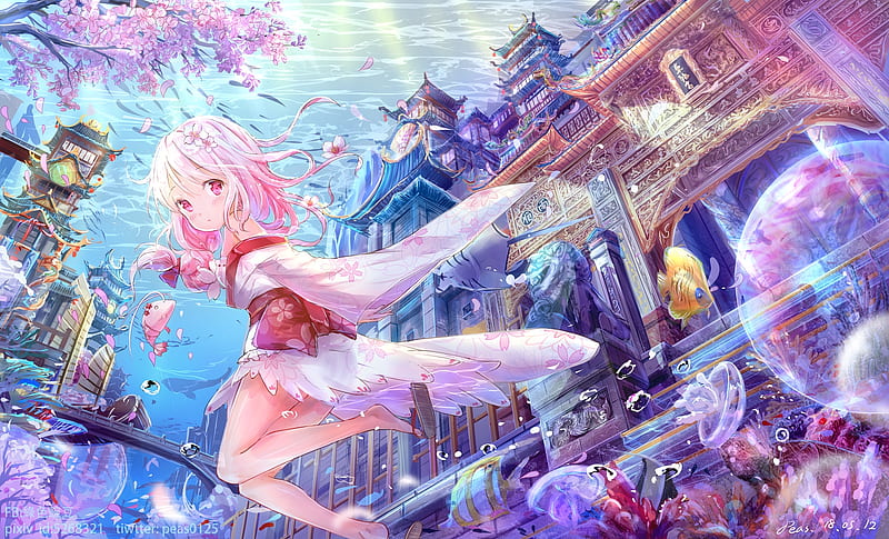 Xuan Ying, underwater, fish, peas, manga, vara, girl, anime, summer, pink, blue, HD wallpaper
