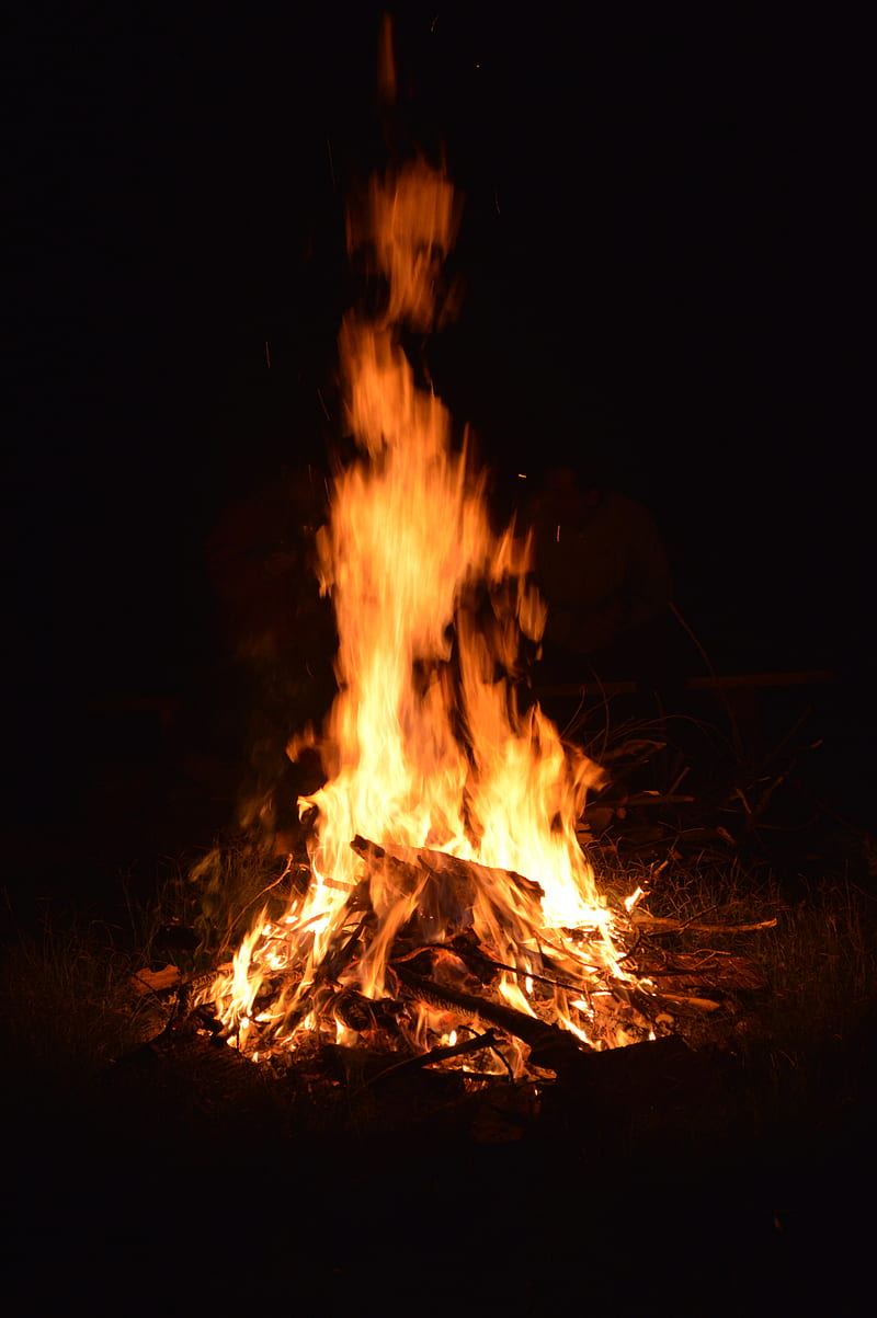 bonfire, fire, flame, burn, night, HD phone wallpaper