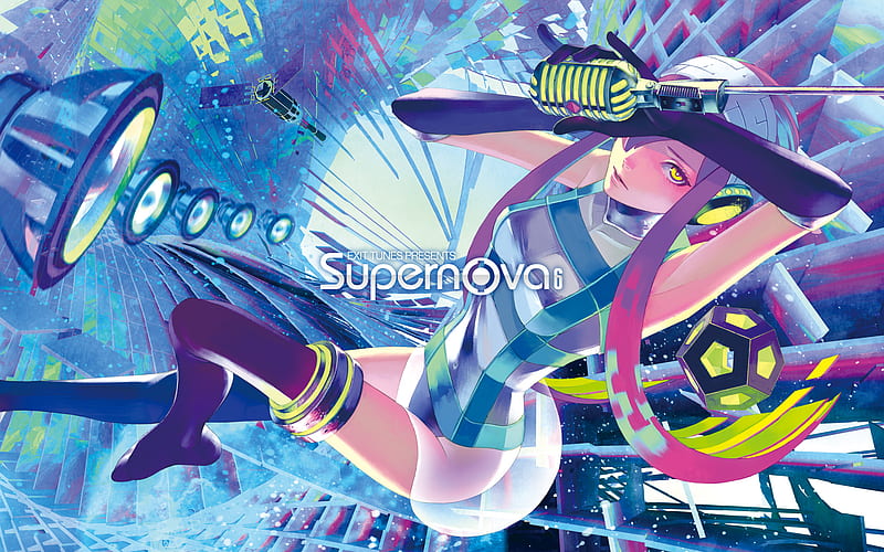SuperNova, vocaloid, sexy, microphone, girl, anime, anime girl, headphone, satelite, HD wallpaper
