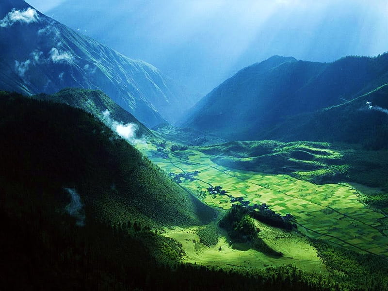 Heaven's valley, green, rays, blue, valley, mist, HD wallpaper